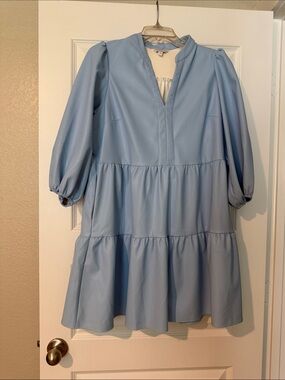 crown & ivy Light Blue Tiered Dress with Puff Sleeves